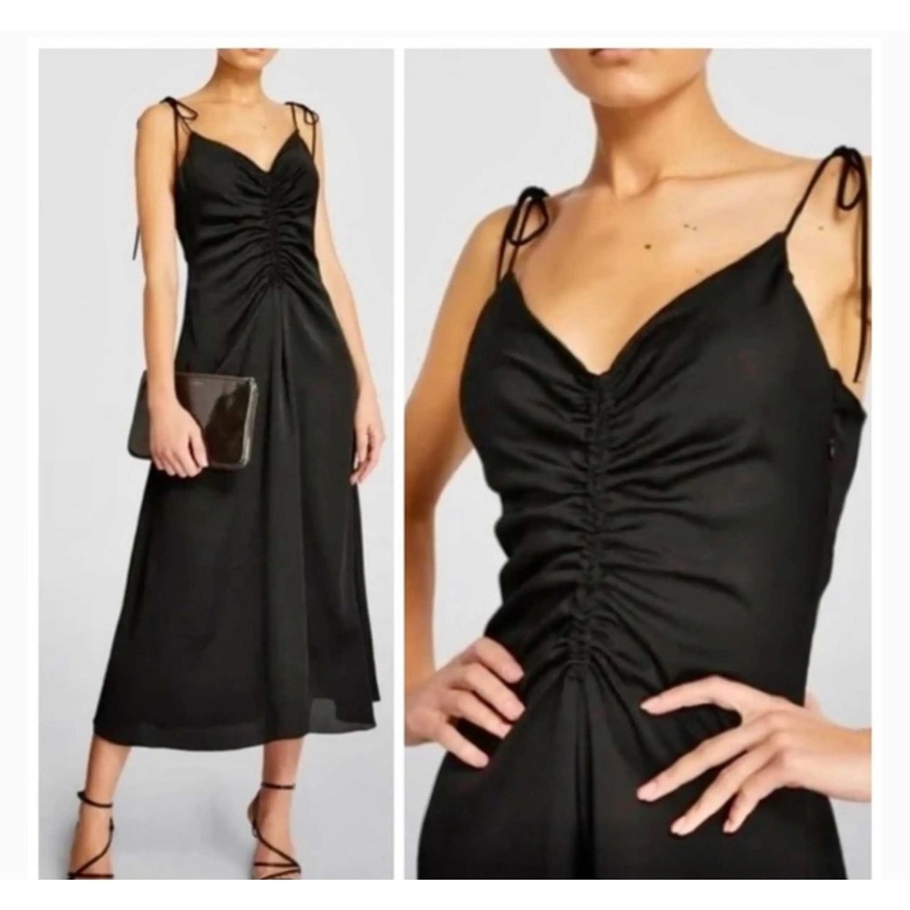 Jason Wu Black Satin Ruched Midi Dress WT5525-001-6PA Size M Tie Strap Open Back